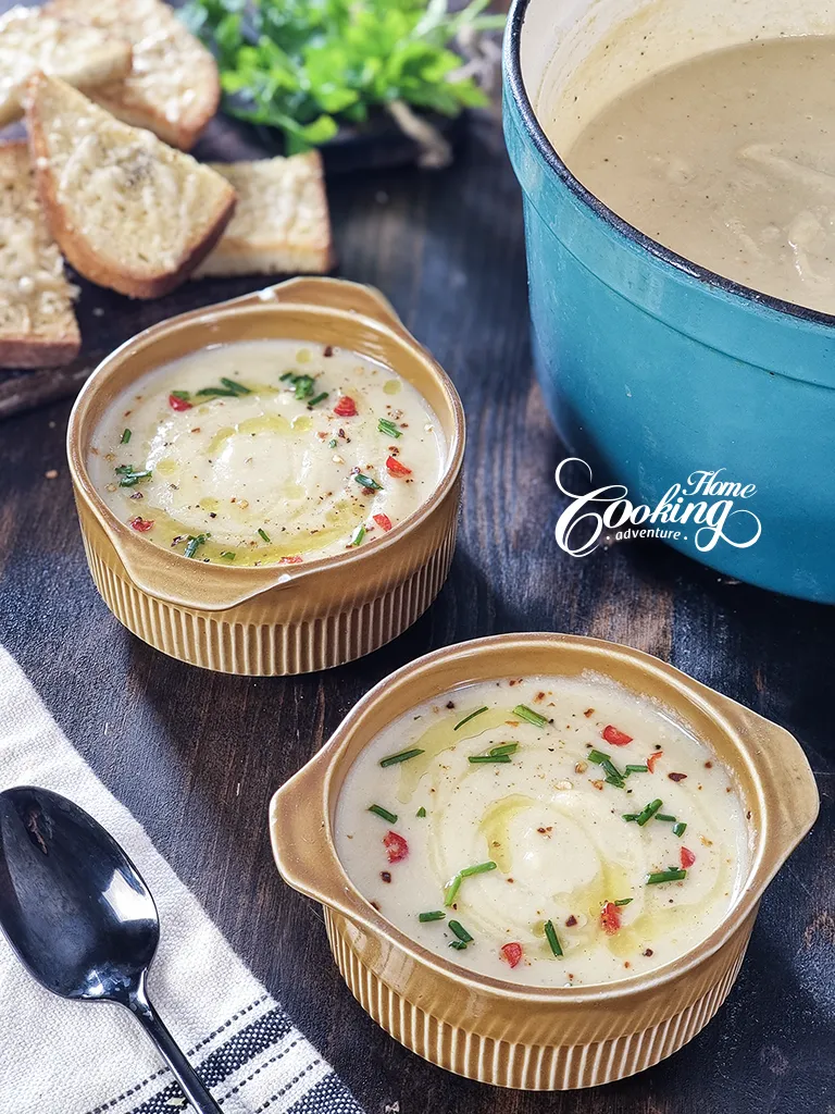 Cauliflower Cream Soup with garlic cheese toast and chili pepper