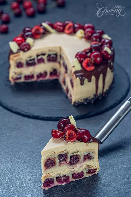 Cherry Puff Pastry Cake with Caramelized White Chocolate Frosting Vertical