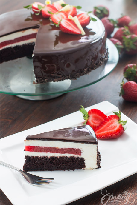 Strawberry Chocolate Mirror Cake Slice