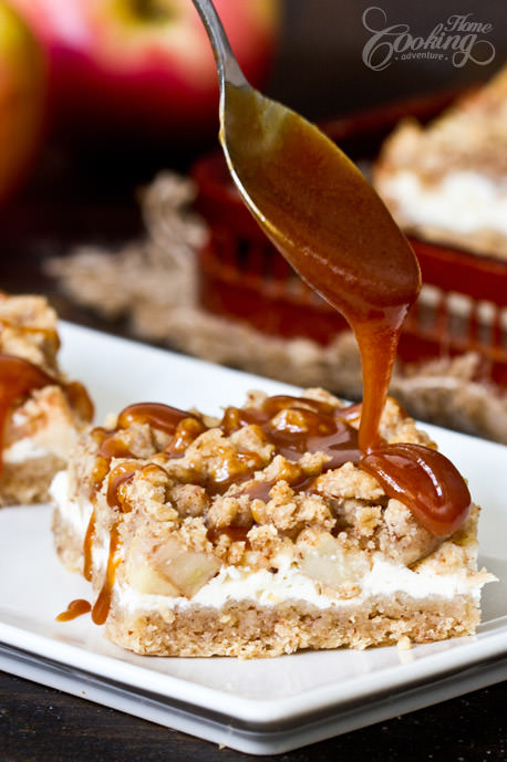 Caramel pouring over a Cheesecake Bar