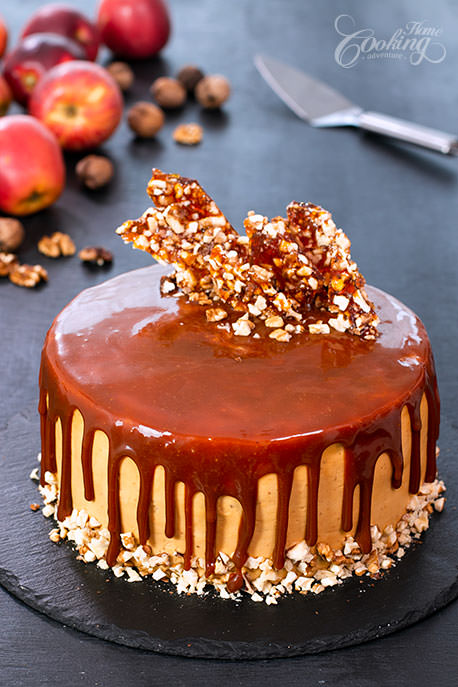 Apple Walnut Caramel Cake with Caramel Drips and Caramel Shards