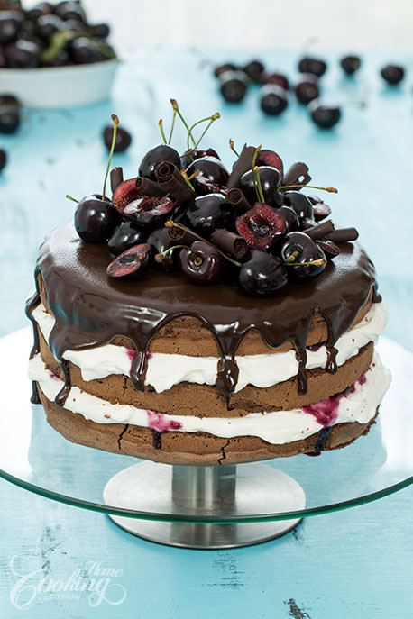 Black Forest Cake topped with Fresh Cherries