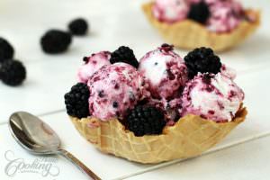 Blackberry Swirl Yogurt Ice Cream with waffle cup