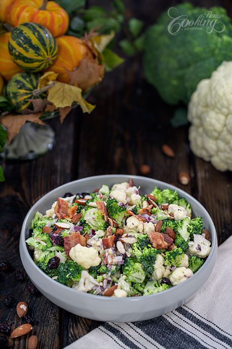 Broccoli Cauliflower Salad with Cranberries and Bacon