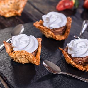 Oatmeal Lace Cookie Cups with Whipped Chocolate Ganache and Strawberry Jam