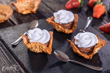 Oatmeal Lace Cookie Cups with Whipped Chocolate Ganache and Strawberry Jam