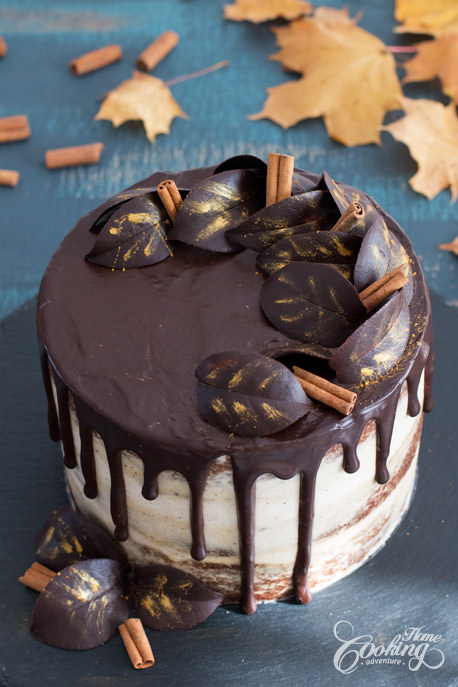 Semi-Naked Pumpkin Chocolate Cake with Chocolate Leaves