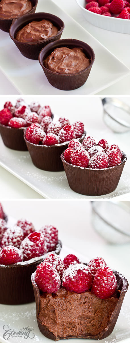 Raspberry Chocolate Cups filled with chocolate raspberry mousse