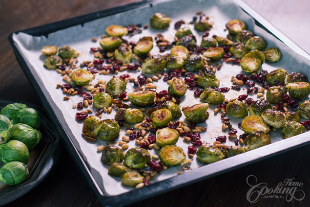 Roasted Brussels Sprouts with Cranberries and Pine Nuts