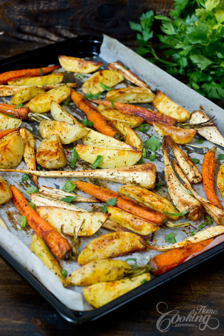 Roasted Potatoes, Parsnips and Carrots on baking sheet