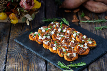 Roasted Sweet Potatoes with Goat Cheese and Candied Bacon