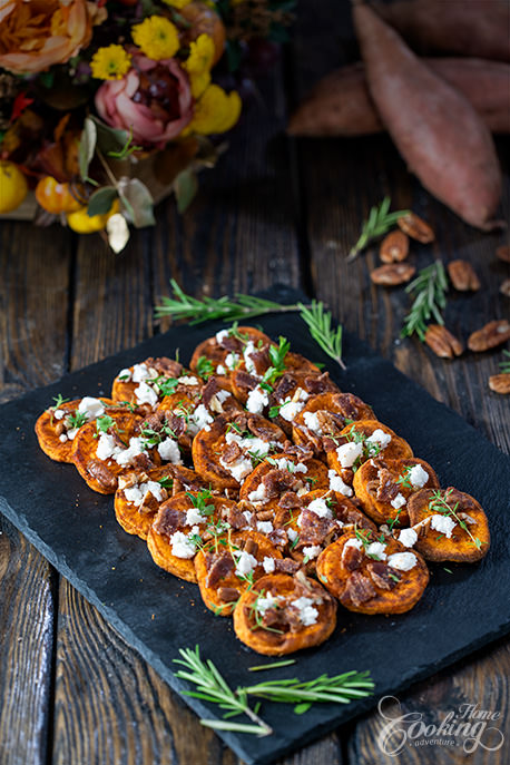 Roasted Sweet Potatoes with Goat Cheese and Candied Bacon and Nuts