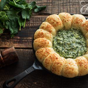 Skillet Bread Four Cheese Spinach Dip on iron cast skillet
