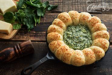Skillet Bread Four Cheese Spinach Dip on iron cast skillet