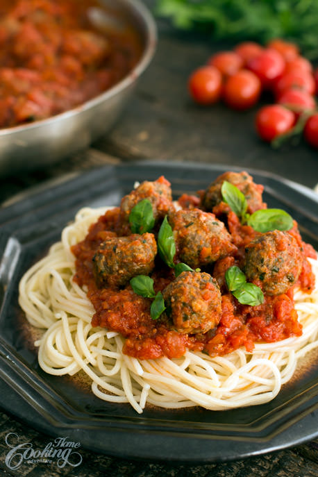 Spaghetti with Baked Meatballs on plate