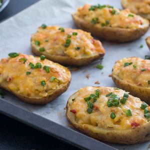 Baked potatoes stuffed with chicken and cheese