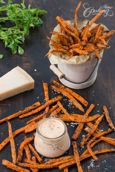 Baked Parmesan Sweet Potato Fries with Garlic Dipping Sauce