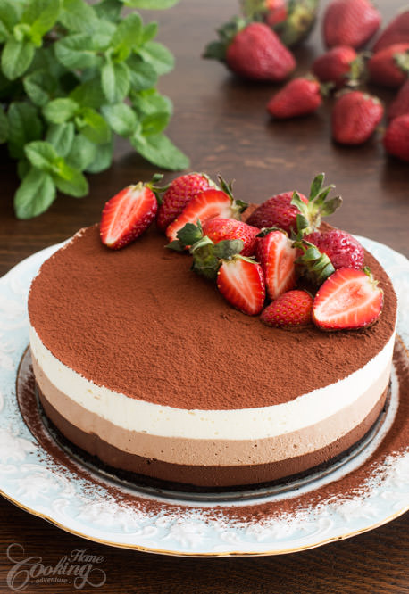 No-Bake Triple Chocolate Mousse Cake with Strawberries on Top