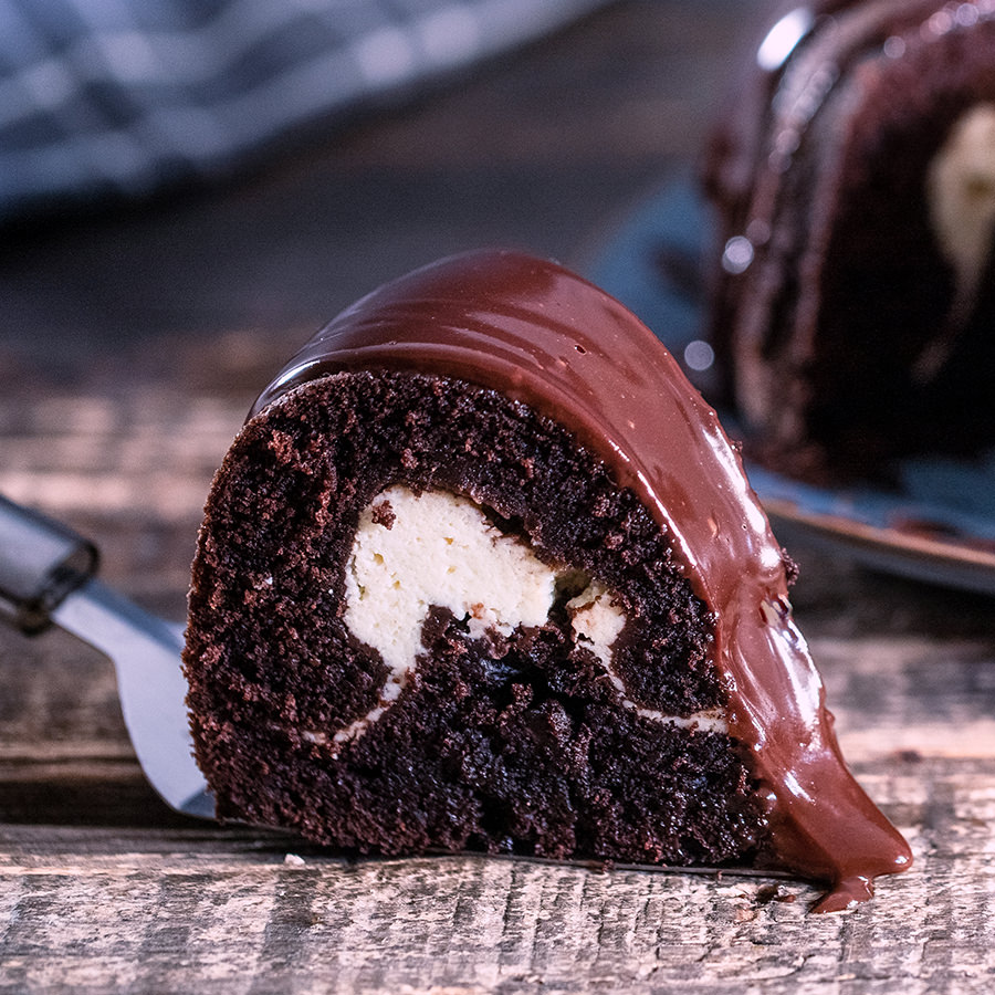 Chocolate Cream Cheese Bundt Cake Slice close up