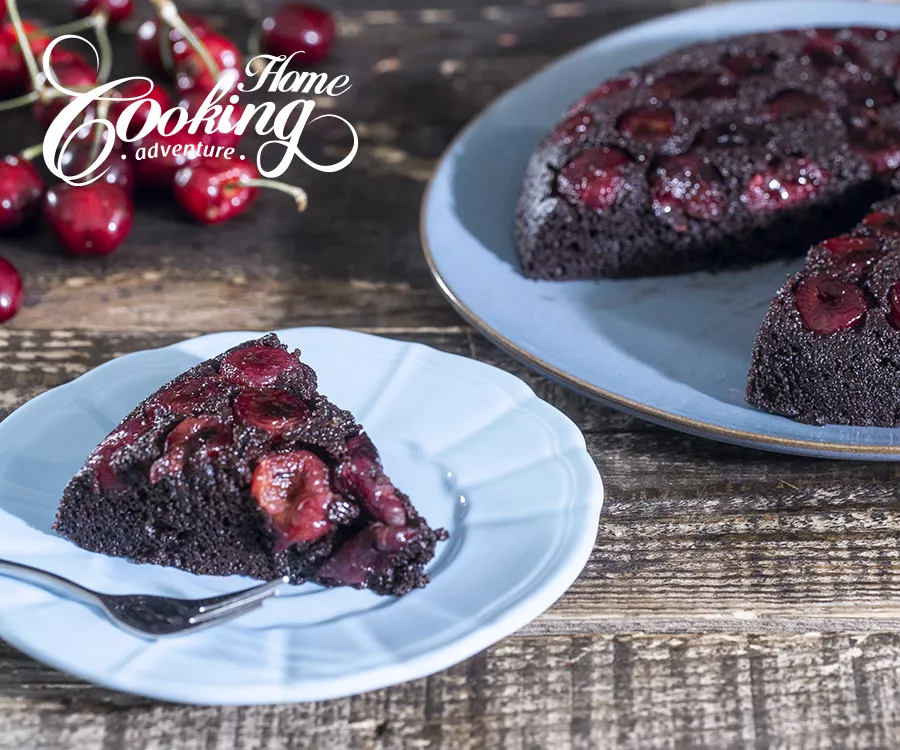 Chocolate Cherry Upside Down Cake Slice