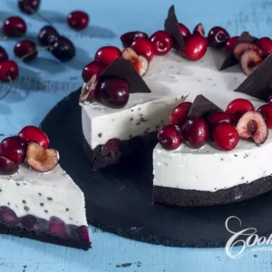 chocolate cherry ice cream cake with slice