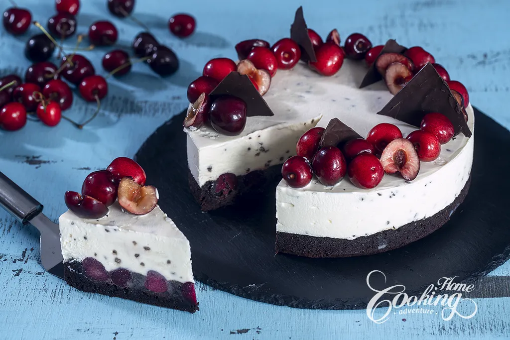 chocolate cherry ice cream cake with slice