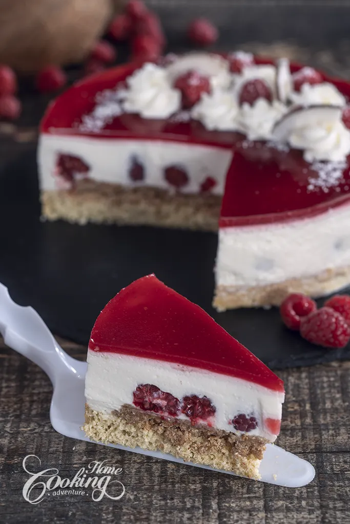 raspberry coconut mousse cake slice
