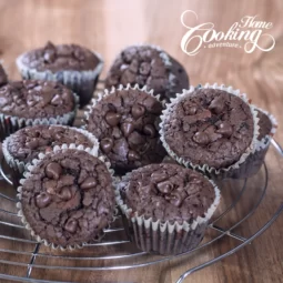 the best double chocolate brownie muffins with chocolate chips on top