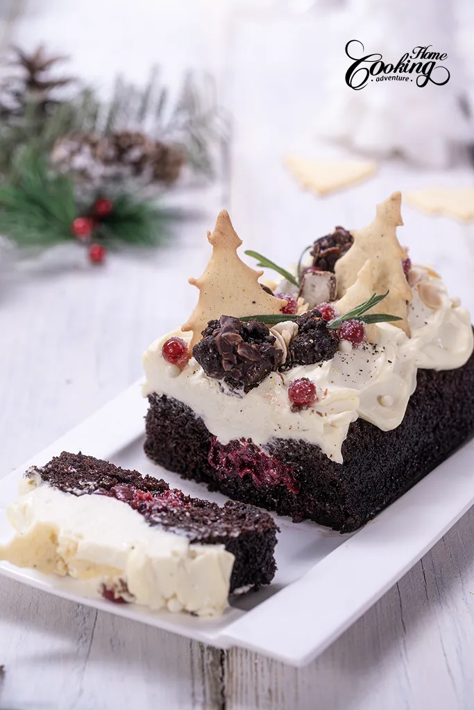 sour cherry chocolate tonka bean christmas cake slice