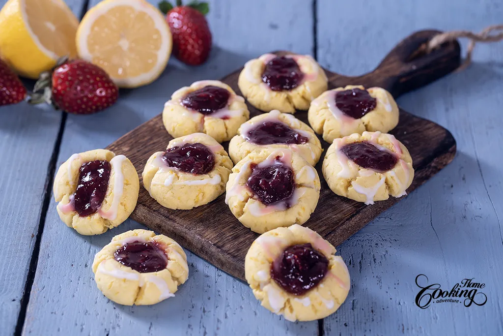 Lemon Thumbprint Cookies with homemade strawberry jam and lemon glaze