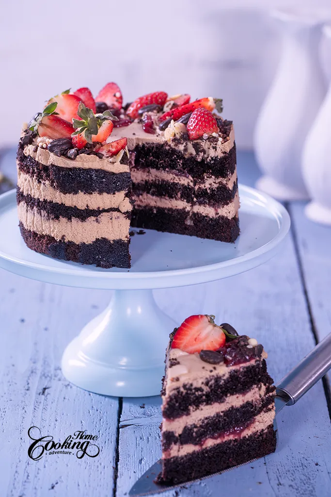 Chocolate strawberry coffee layer cake slice