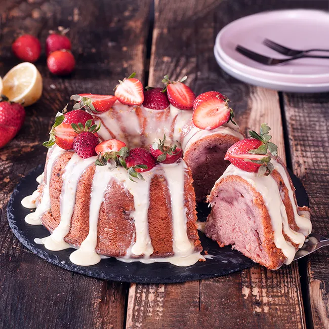 strawberry lemon bundt cake slice