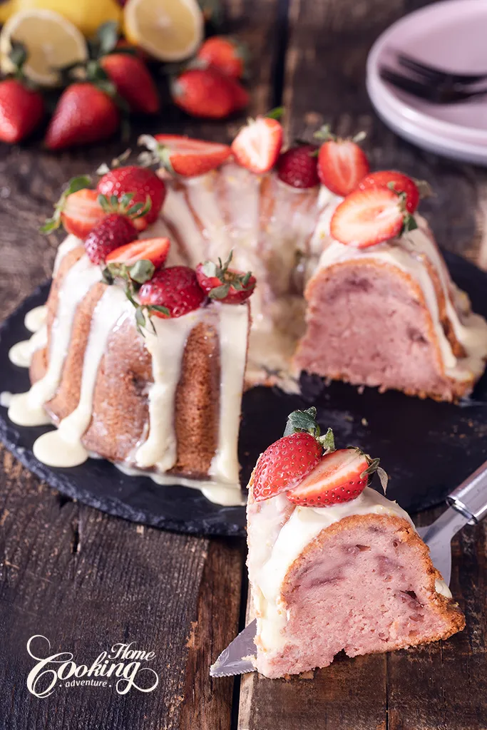 strawberry lemon bundt cake with white chocolate and lemon glaze