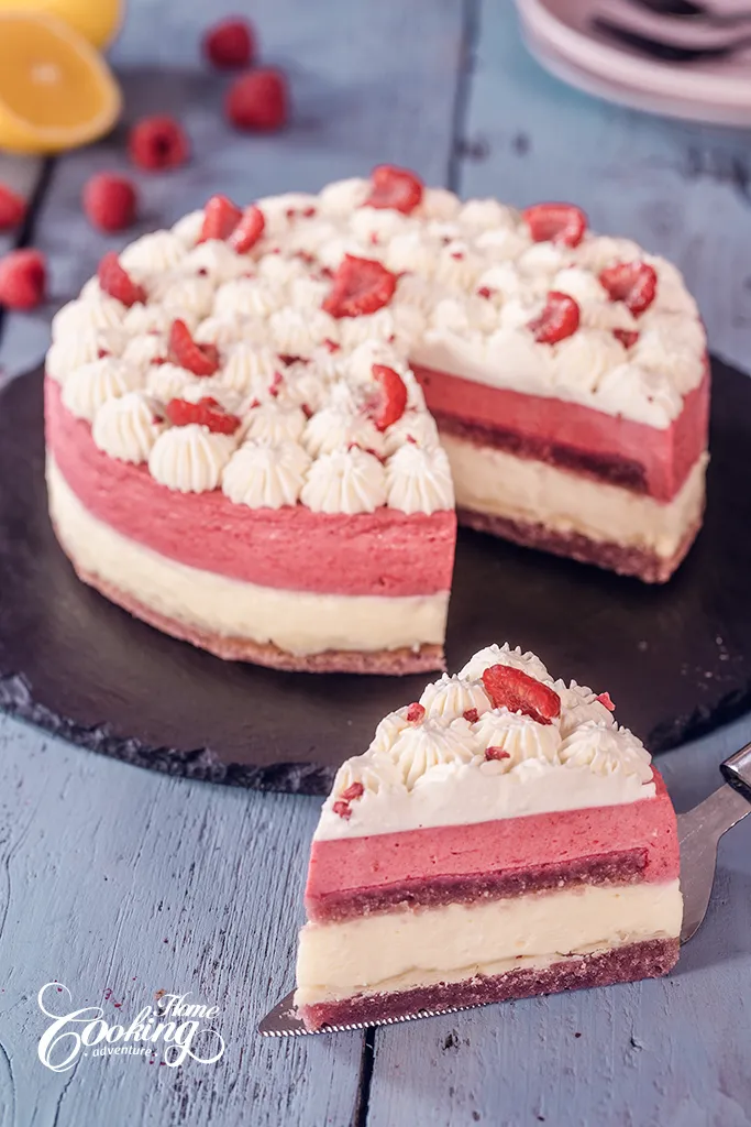 white chocolate and raspberry mousse cake slice