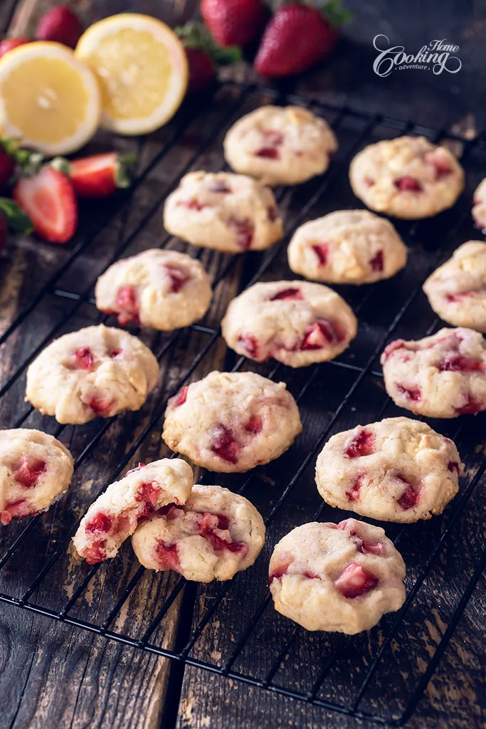 white chocolate strawberry lemon cookies with a section