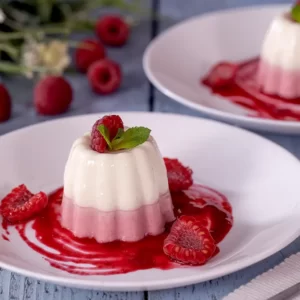 vanilla and raspberry panna cotta with raspberry sauce drizzle