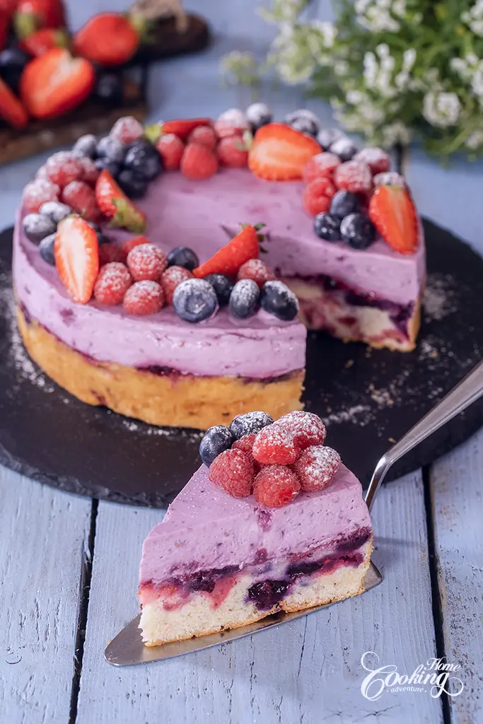 Berry Cream Cheese Mousse Cake - Slice Close-Up