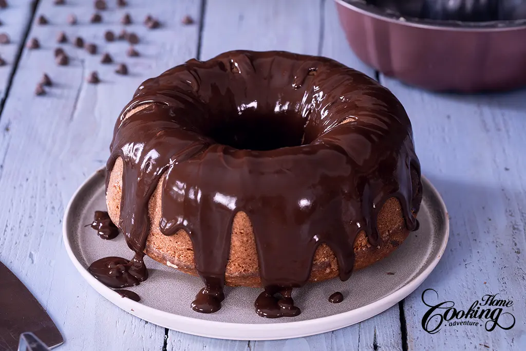 chocolate chip bundt cake with chocolate ganache topping