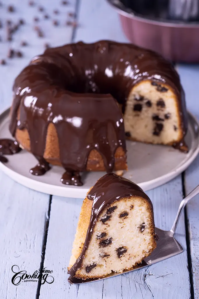 Chocolate Chip Bundt Cake with chocolate ganache topping beautiful slice