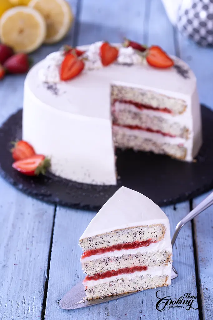 strawberry poppy seed layer cake - slice  close-up