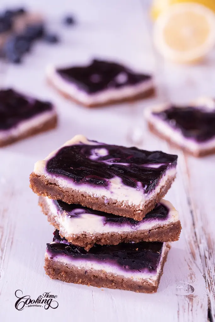 blueberry cheesecake bars - 3 bars one on top of each other