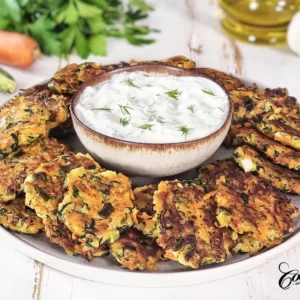 Zucchini Carrot Fritters with Homemade Tzatziki Sauce