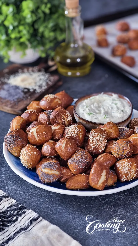 Soft Pretzel Bites with Greek yogurt and cheese dip