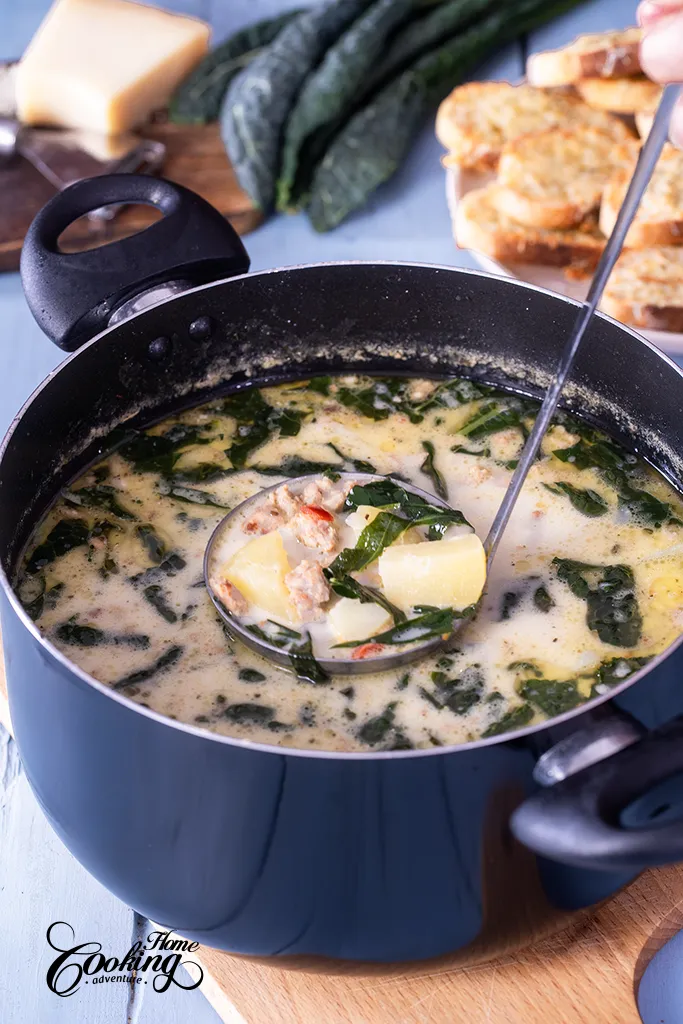 Zuppa Toscana - homemade soup with Italian sausage, bacon, potatoes and kale. 