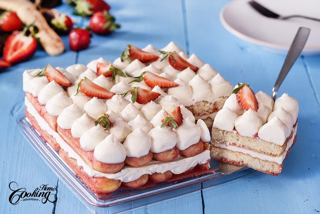 Strawberry Tiramisu with strawberry sauce and Mascarpone frosting