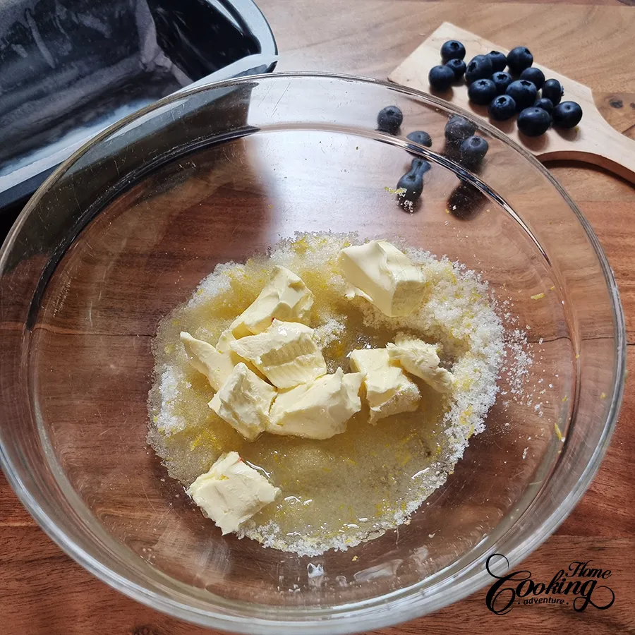 add butter and vegetable oil to sugar mixture -- blueberry lemon pound cake